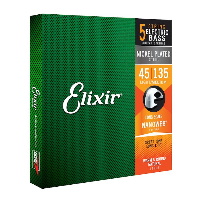 Elixir 14207 Nickel Plated NANOWEB Light Medium Long Scale 5 Bass Guitar Strings