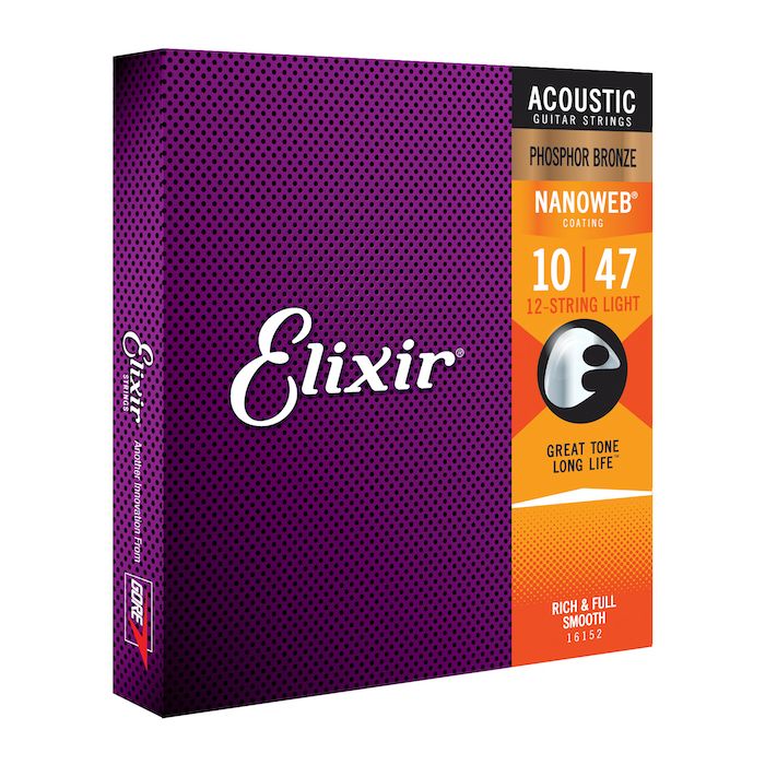 Elixir 16152 Phosphor Bronze NANOWEB Coating Light 12 Acoustic Guitar Strings