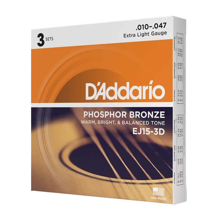 D'Addario EJ15-3D Phosphor Bronze Extra Light Acoustic Guitar Strings - 3 Pack